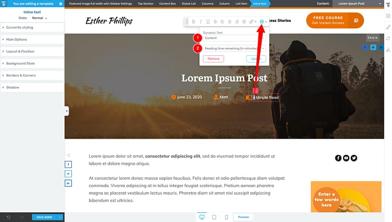 Add "Reading time remaining (in minutes)" dynamic text