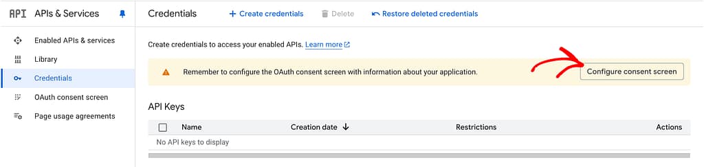 Configure the consent screen button on the right.