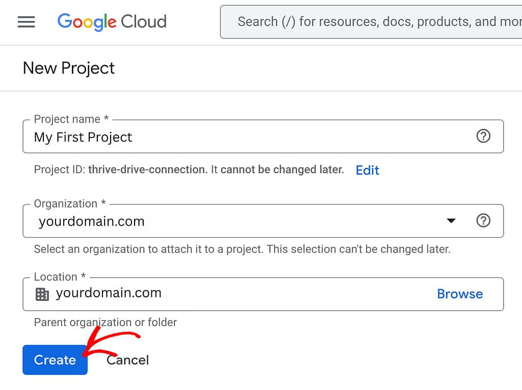 Enter the project name and other details in Google API console.