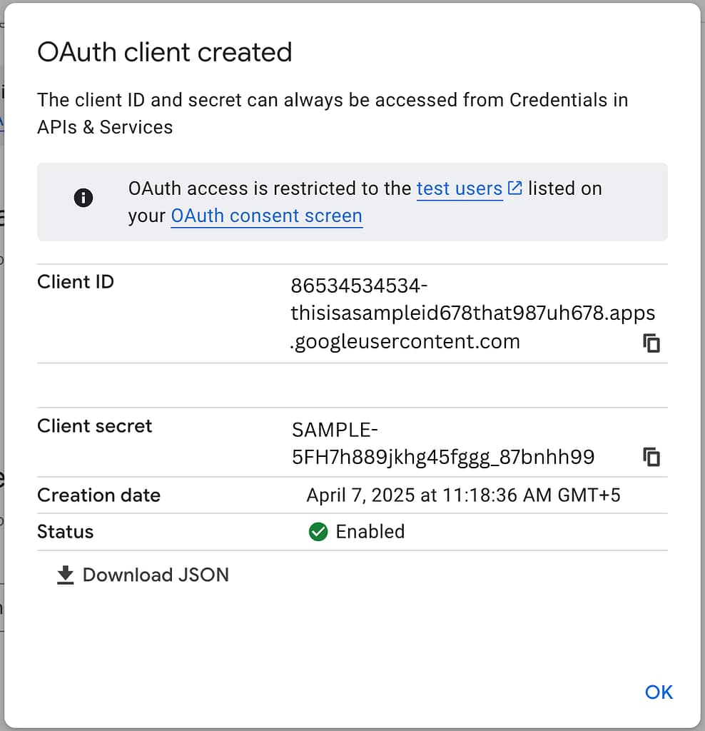 Generated Client ID and the secret key.