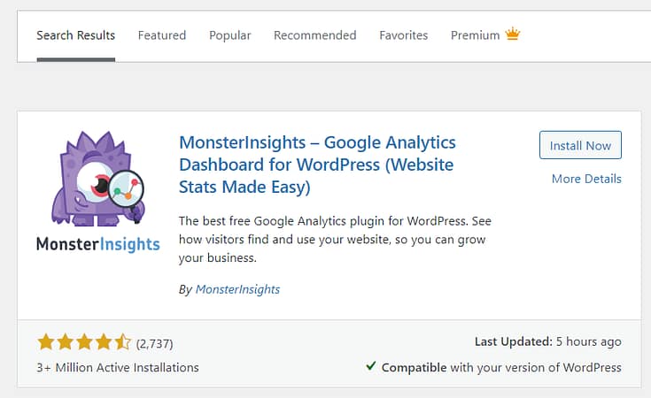 Screenshot o MonsterInsights in WordPress Dashboard