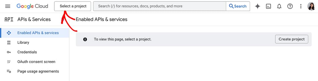 Select a project in the Google API console