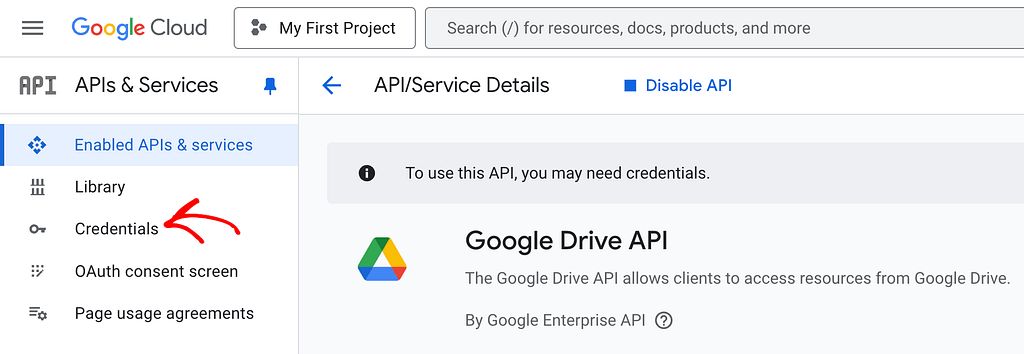 Click the Credentials option in the left panel.